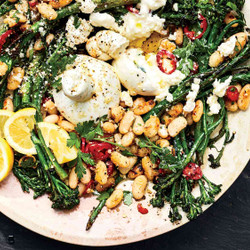 Cacio E Pepe Broccolini With Crispy White Beans And Burrata