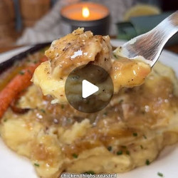 Leek Mashed Potatoes With Crispy Chicken Thighs, Roasted Carrots And A Lemon Shallot Pan Sauce
