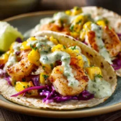 Shrimp Tacos With Mango Salsa &amp; Creamy Cilantro Sauce