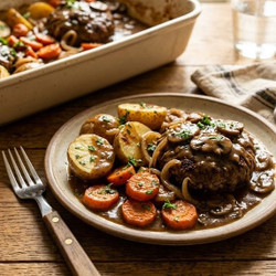Dump &amp; Bake Salisbury Steak With Potatoes &amp; Carrots
