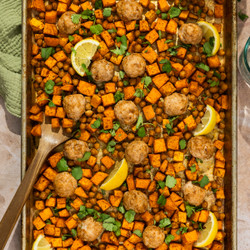 Spiced Veggie And Turkey Meatball Sheet Pan With Yogurt Sauce