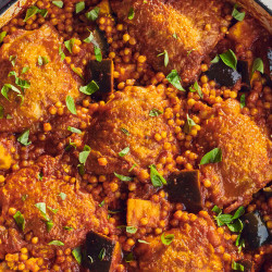 One-skillet Chicken Thighs With Pearl Couscous And Eggplant
