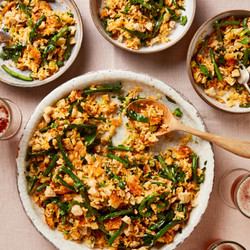 Crispy Rice Salad With Fried Green Beans And Pork Scratchings