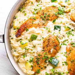 Skillet Chicken With Cheesy Orzo And Zucchini