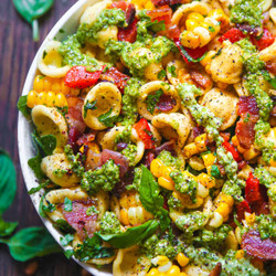 Corn Pasta Salad With Bacon And Creamy Pesto Dressing