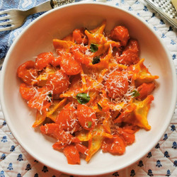 Fagottini Pasta With Eggplant And Mozzarella In A Cherry Tomato Sauce