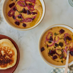 Heirloom &amp; Nectarine Gazpacho With Cheesy Flatbreads