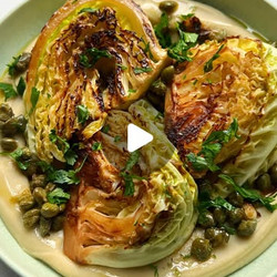 Charred Cabbage With Lemon, Capers &amp; White Bean Puree
