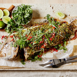 Roasted Whole Fish With Long Green Shallots And Sesame Recipe