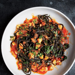 Squid Ink Pasta With Shrimp, Nduja, And Tomato