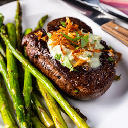 Filets Mignons And Asparagus With Blue Cheese And Crispy Shallot For Two