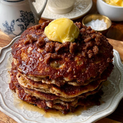 Banana Coffee Cake Pancakes (with Warm Vanilla Bourbon Maple Syrup)