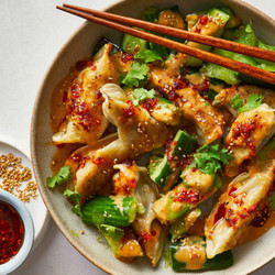 Dumpling and Smashed Cucumber Salad With Peanut Sauce