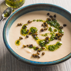 Creamy White Bean Soup With Herb Oil And Crispy Capers