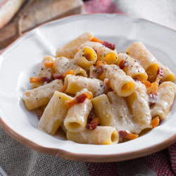 Pasta alla Gricia (rigatoni + guanciale + pecorino)