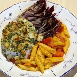 Kabeljauw Met Gremolatakorst En Gegrilde Radicchio