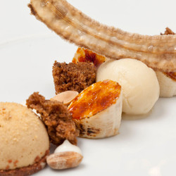 Peanut, Caramelised Banana, Sorbet And Banana Cake