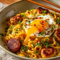 Spicy Cheddar Jalapeño Sausage Noodle Bowl With A Fried Egg