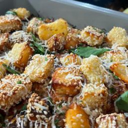 Aubergine Parmigiana With Halloumi Croutons
