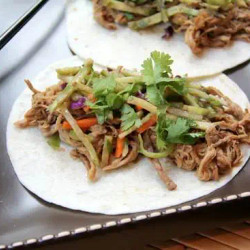 General Tso’s Slow Cooked Pork Tacos w/ Orange Broccoli Slaw