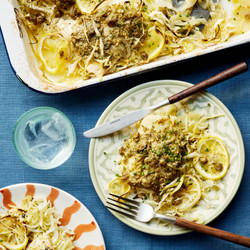 Roast Hake With Caper Anchovy Butter Georgina Hayden fish one pot