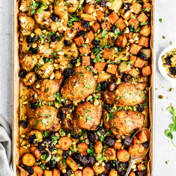 Sheet Pan Moroccan Chicken With Sweet Potatoes &amp; Cauliflower