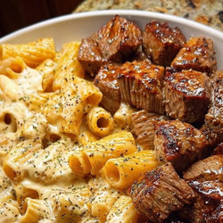 Creamy Garlic Parmesan Rigatoni With Juicy Steak Bites