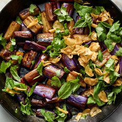 Sweet And Sour Eggplant With Garlic Chips