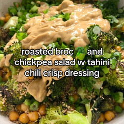 Roasted Broccoli And Chickpea Salad With Tahini Chili Crisp Dressing