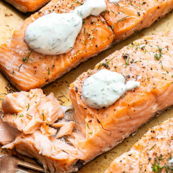 Baked Salmon With Lemon Dill Yogurt Sauce