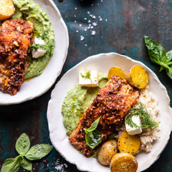 Sheet Pan Blackened Salmon And Potato Bowl With Avocado Goddess Sauce
