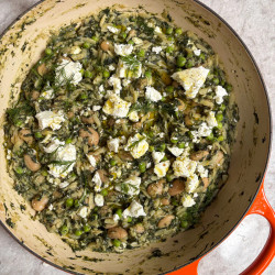 One-pot Butter Bean, Spinach + Feta Orzo