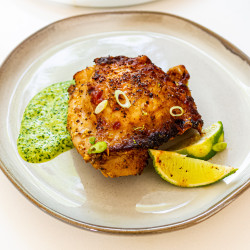 Aji Amarillo Marinated Chicken Thighs With Spicy Green Sauce