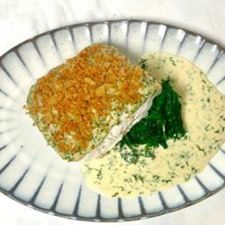 Roasted Halibut With A Prawn Crust And Dill Sauce