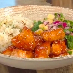 Sticky Soy Salmon, Crispy Rice, pineapple salad