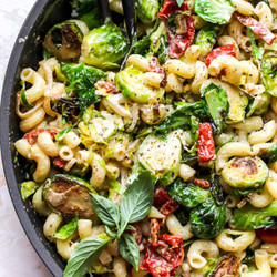 30 Minute Creamy Goat Cheese Pasta With Brussels
