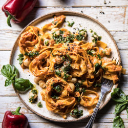 Roasted Red Pepper Pasta With White Beans And Basil