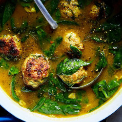 Lemony Chicken-feta meatball soup with spinach