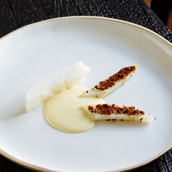 Turbot Confit In Smoked Lardo With White Asparagus And Sauce Vin Jaune