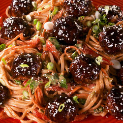 Asian Glazed Meatballs With Peanut Noodles