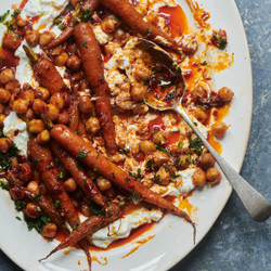 Honey Harissa Roasted Carrots + Chickpeas With Whipped Feta