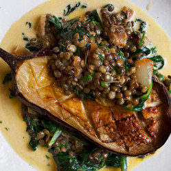Aubergines With Creamed Lentils