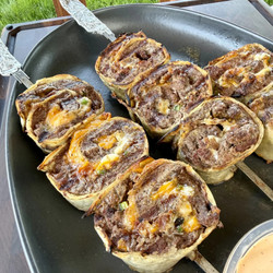Grilled Jalapeño Bacon Beef Pinwheels (with Chipotle Crema)