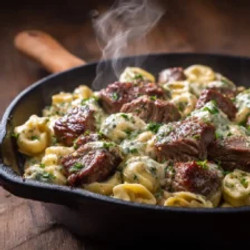 Garlic Butter Steak Bites &amp; Creamy Alfredo Tortellini