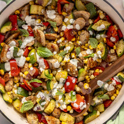 Summer Sausage Skillet With Creamy Pesto Sauce