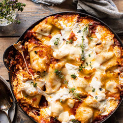 Simple Skillet Pesto Cheese Lasagna Roll Ups.