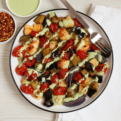 Sheet Pan Roasted Halloumi, Eggplant &amp; Tomato With Minty Yogurt