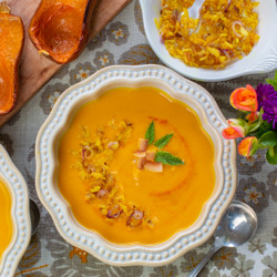 Thai Inspired Honeynut Squash Soup With A Toasted Rice Garnish