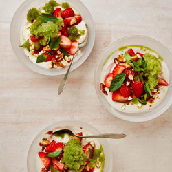 Strawberries With Cashew Cream And Thai Basil Granita