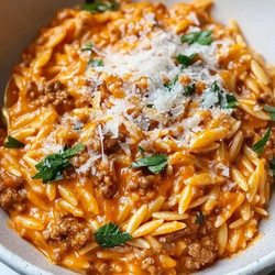 Ground Beef Orzo with Tomato Cream Sauce